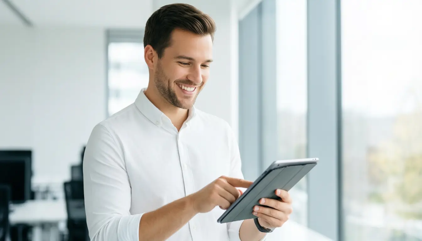 Entscheider informiert sich am Tablet über Benefit-Themen